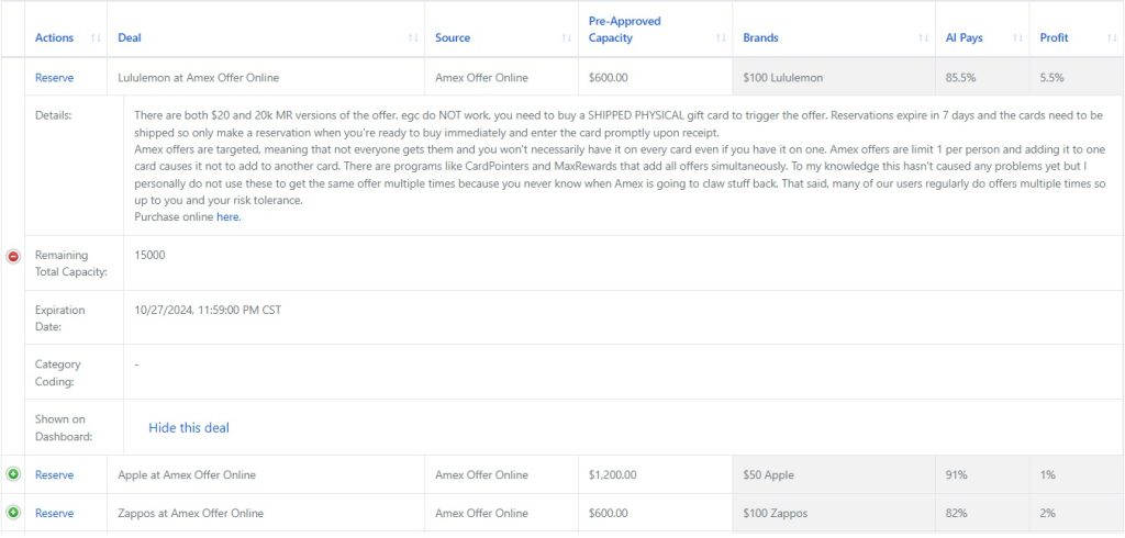 A screenshot of the deal section of the dashboard.